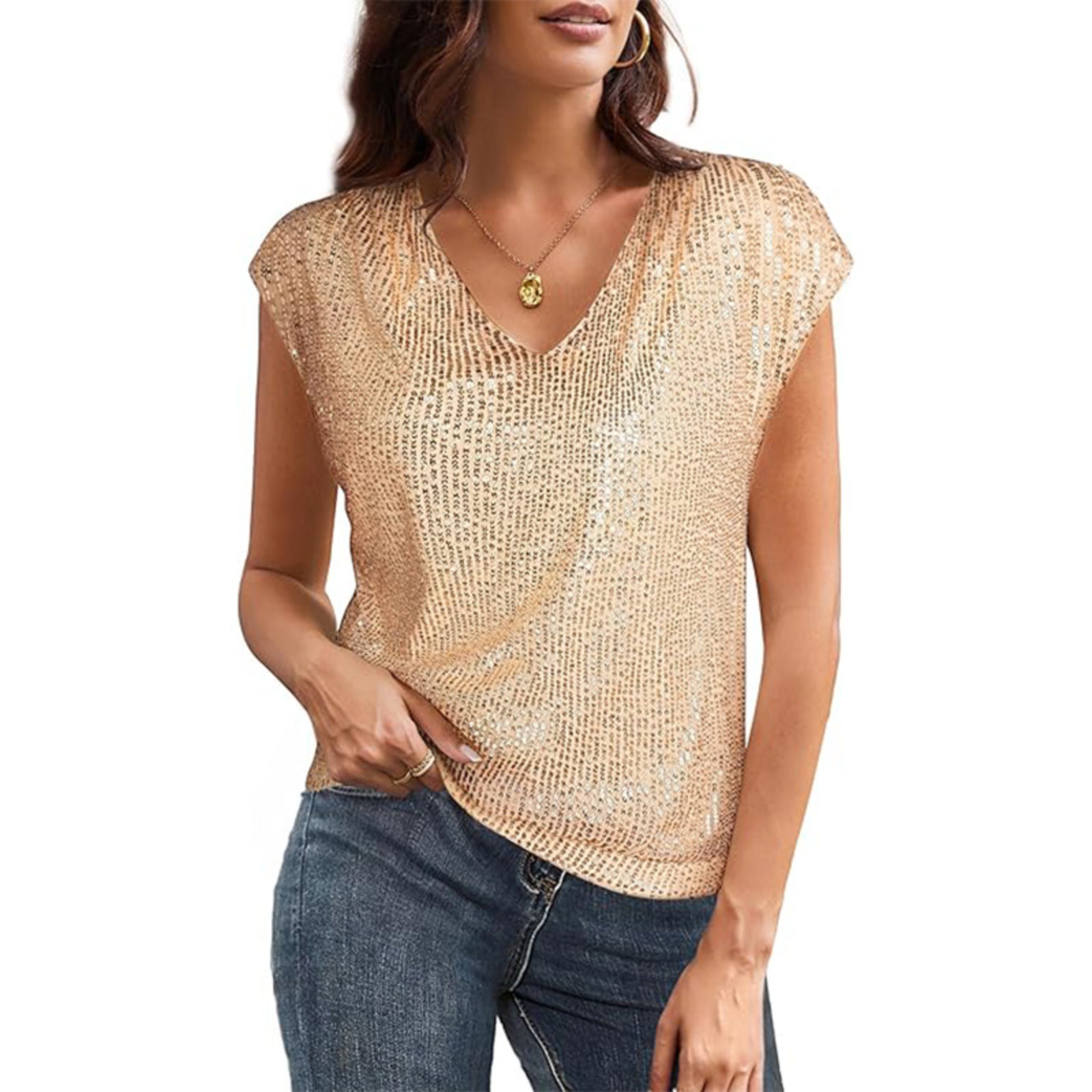 V-neck sequined short-sleeved women's shiny vest party shirt