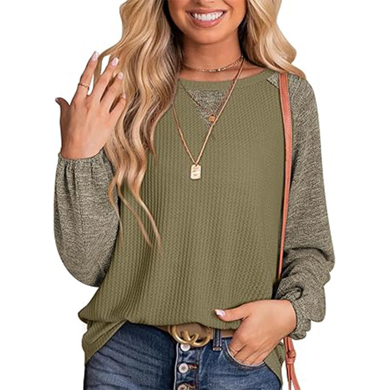 Round neck long sleeve T-shirt contrast color fashion waffle shirt