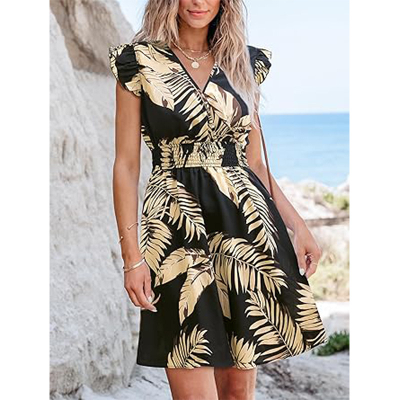 A- line short skirt V-neck butterfly sleeve striped pleated waist dress