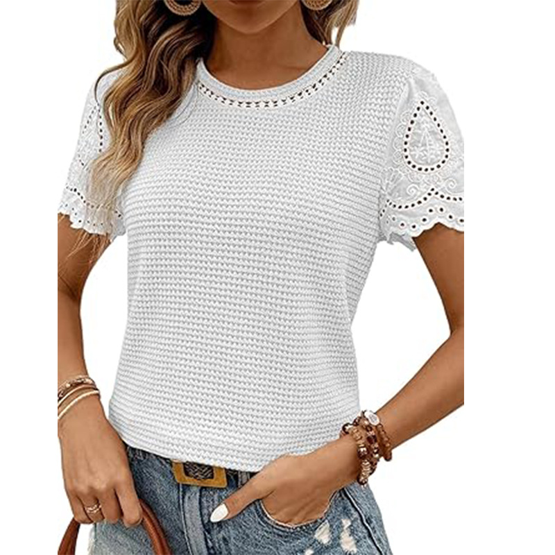 Women's round neck short sleeve waffle fashion shirt T-shirt