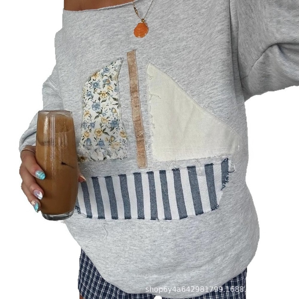 Women Patchwork Graphic Hoodie Boat Neck Off-Shoulder Long Sleeve Rib Hem Slim Fit  Sweatshirt Y2K Versatile Pullover Fall Tops Trendy Aesthetic Coquette Oversized Top 