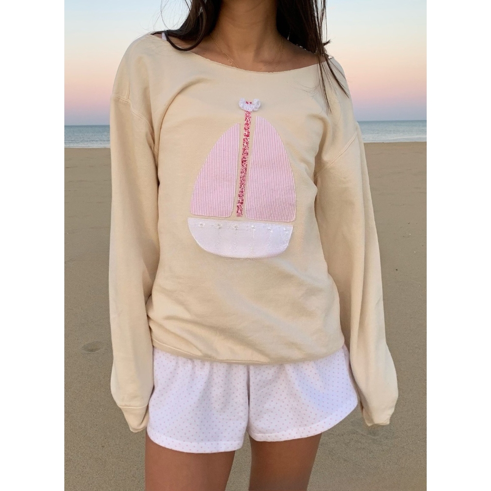 亚马逊25秋新款跨境欧美女装海洋帆船贴布斜肩一字肩两穿套头卫衣