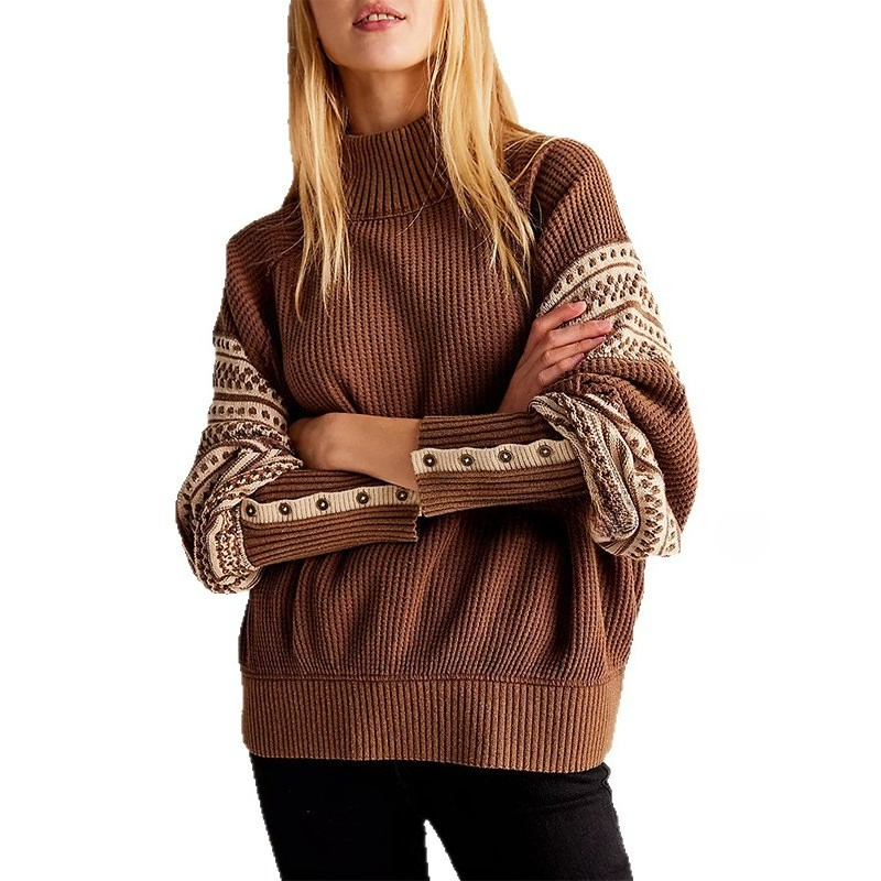 Women's Fall Winter Retro Printed Stitching Pullover Sweater Batwing Sleeves Ribbed Hem Turtleneck Knitted Tops Button Cuffs Loose Slim Casual Sweater