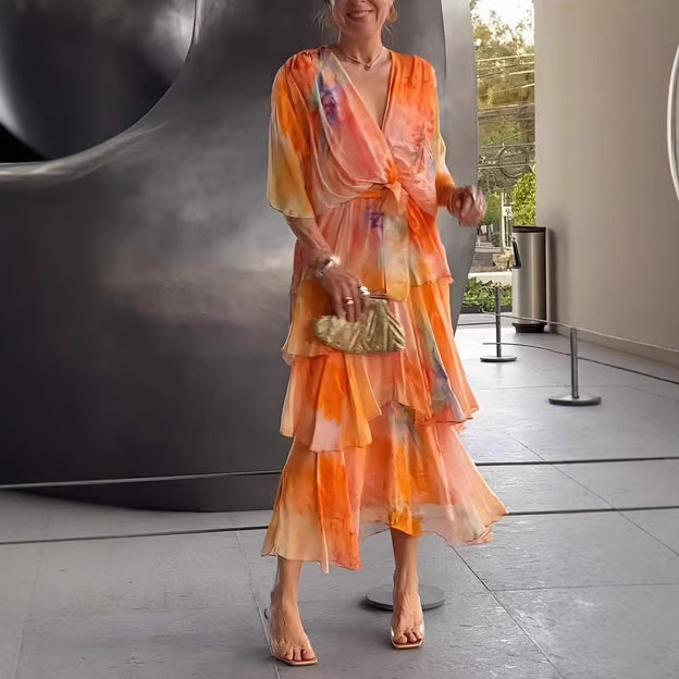 新款女装印花分层飘逸透气柔软舒适连衣裙长裙