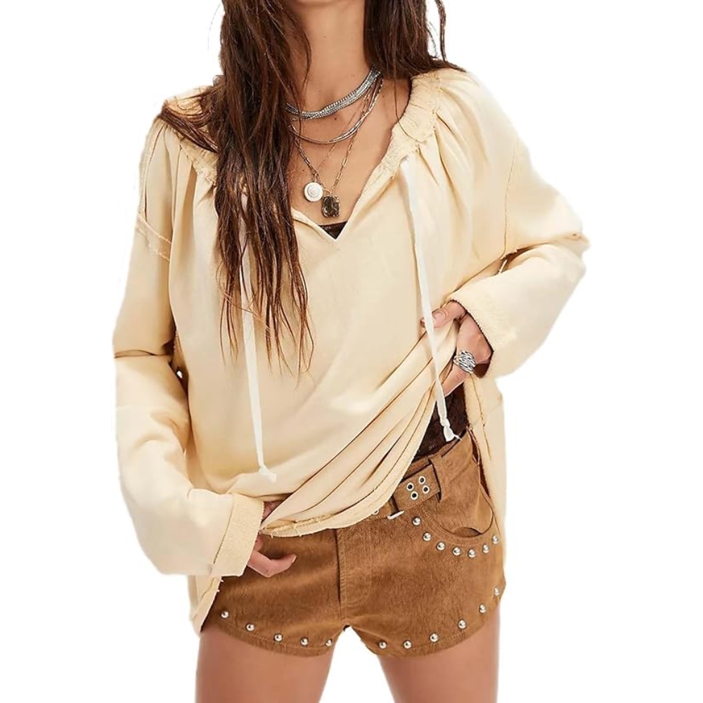 Women's Fall V Neck Drawstring Oversized Hoodie Sweatshirt Solid Color Street Style Sweatshirt Long Sleeve Loose Fit Pullover Tops Casual Fashion Y2K Versatile Top Fall Trendy Outfits