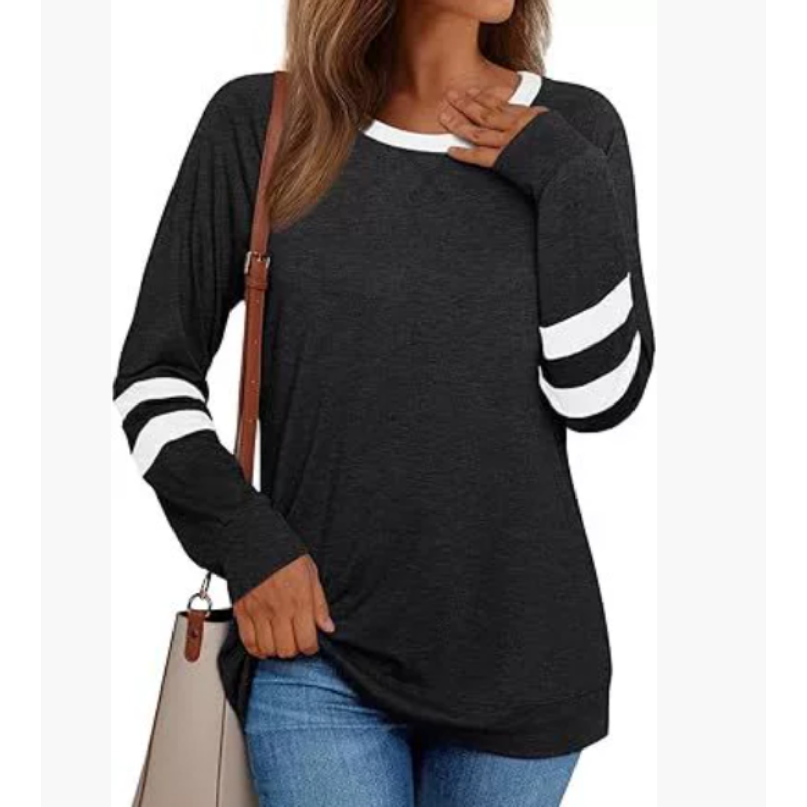 Women's long-sleeved shirt for hot girls casual round neck color matching T