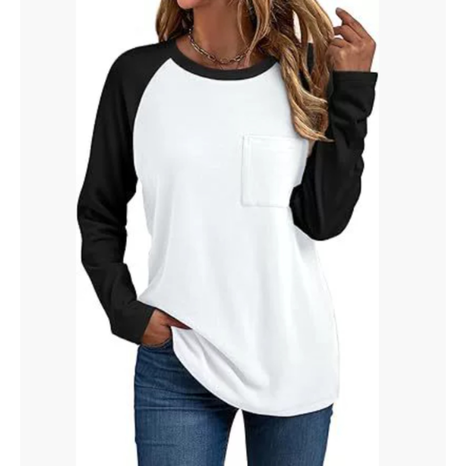 圆领长袖拼接T时尚口袋百搭衬衫