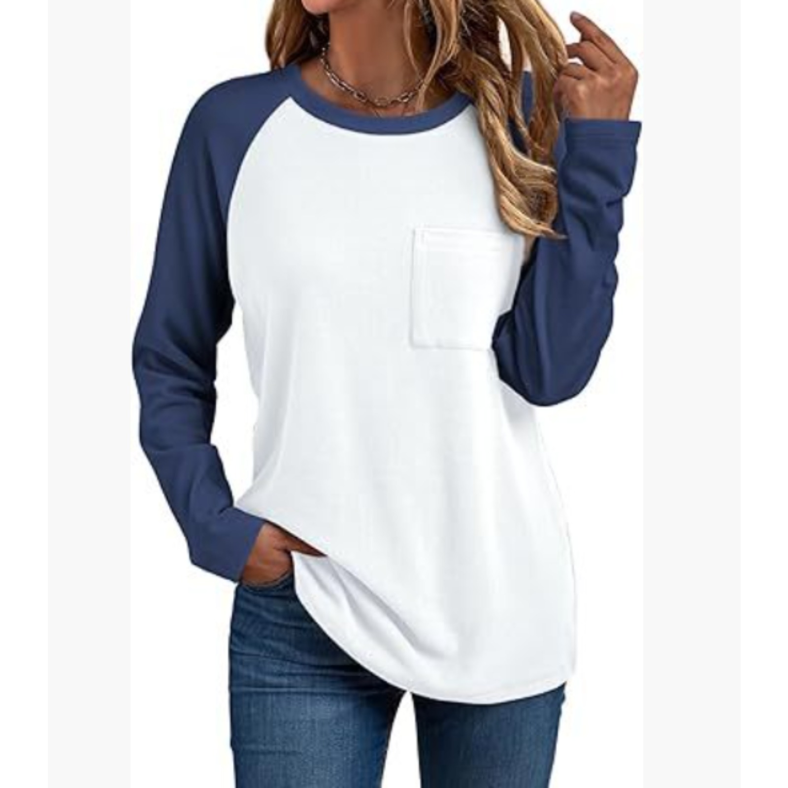 Round neck long sleeve stitching T fashionable pocket all-match shirt
