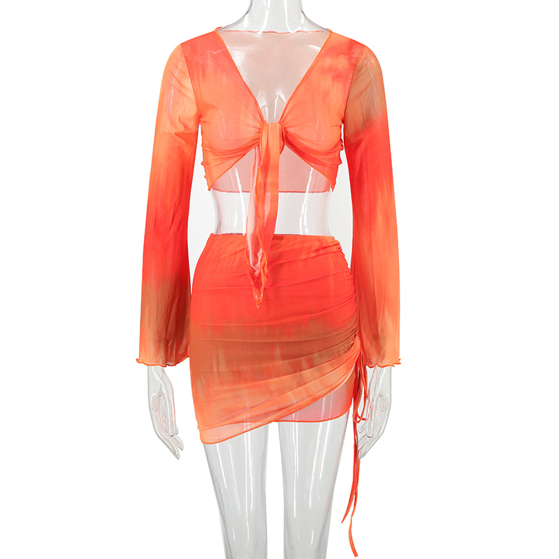 欧美女装扎染印花V领绑带渐变网纱喇叭袖上衣 抽褶半身裙两件套装