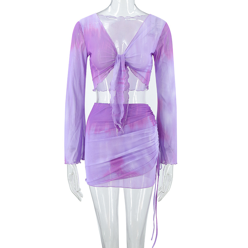 欧美女装扎染印花V领绑带渐变网纱喇叭袖上衣 抽褶半身裙两件套装