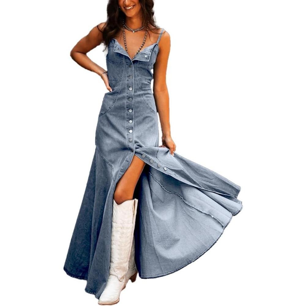 Women's Spaghetti Strap Smocked Back Denim Dress Button Down A-Line Swing Flowy Maxi Jean Dress