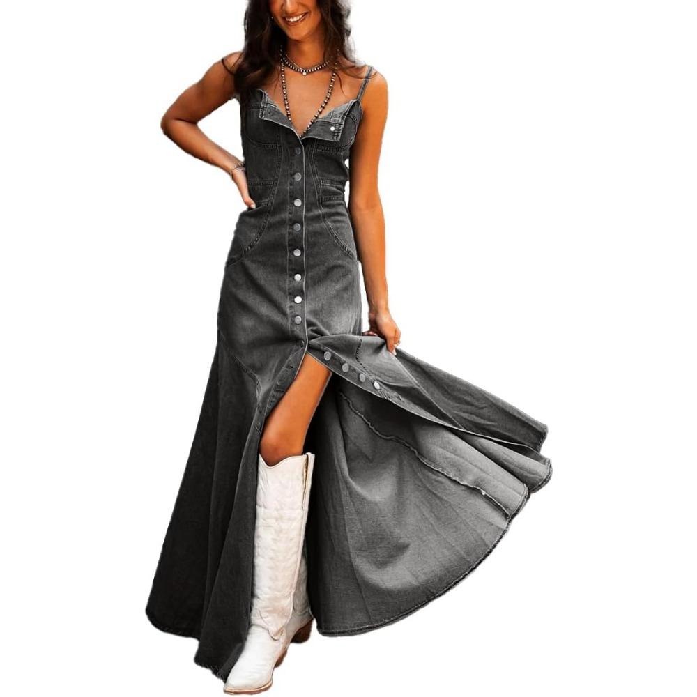 ins新款欧美女士盛夏复古棉牛仔水洗做旧吊带修身系扣大摆长裙