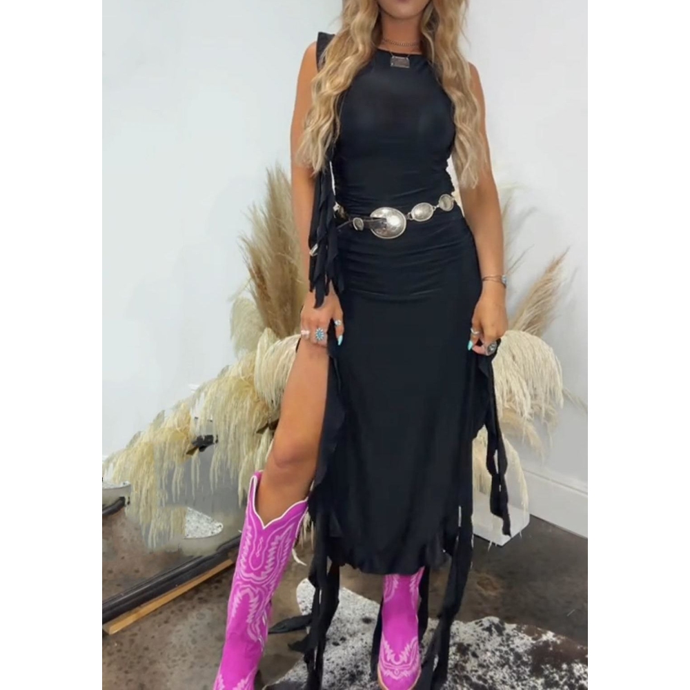 Women's Sleeveless Round Neck Solid Color Maxi Dress Resort Style Tunic Long Dress Ruffle Trim Split Thigh Bodycon Dresses Beach Cocktail Club Party Dress