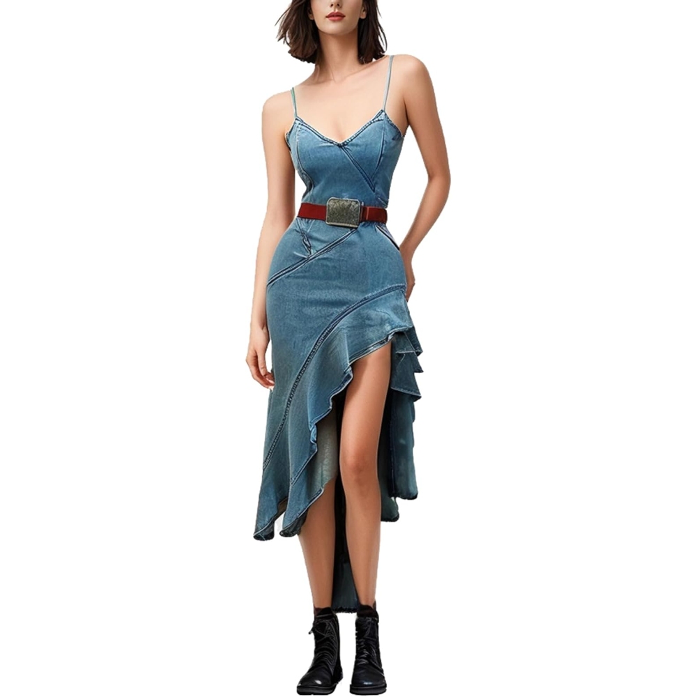Women's Summer Asymmetrical Ruffle Hem Denim Mini Dress Sexy Spaghetti Strap Street Style Y2K Aesthetic Dress V Neck Bodycon Streetwear High-Low Dresses Western Cowgirl Mini Dresses