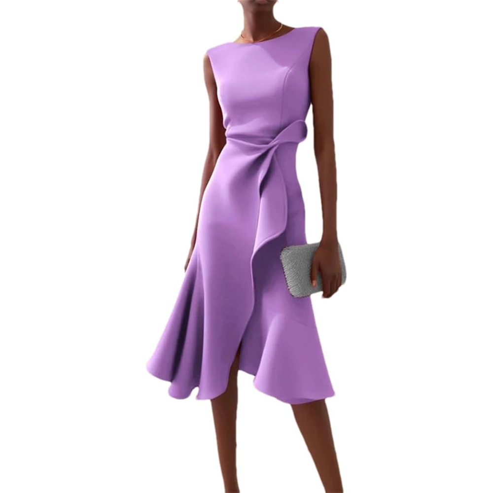 Women's Summer Crew Neck Sleeveless Elegant Maxi Dress Chic Ruffle Minimalist A-Line Slit Dress Solid Color Slim Ruffle Irregular Dress, Formal Gown for Cocktail Wedding Dinner Parties 