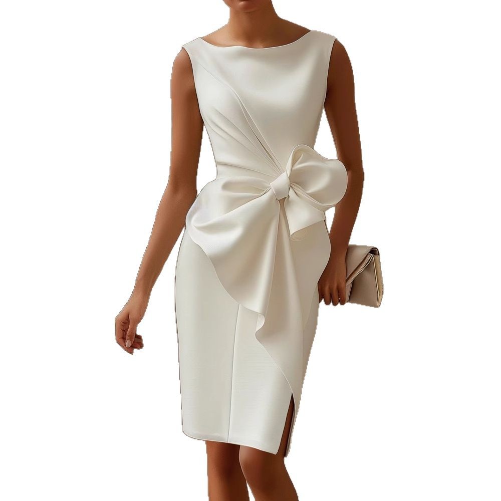 Women's Elegant Sleeveless Bow Bodycon Dress Solid Color Ruched Oversized Bow Wrap Dress Round Neck Slim Tunic Dress Business Cocktail Formal Dress Classy Club Dresses