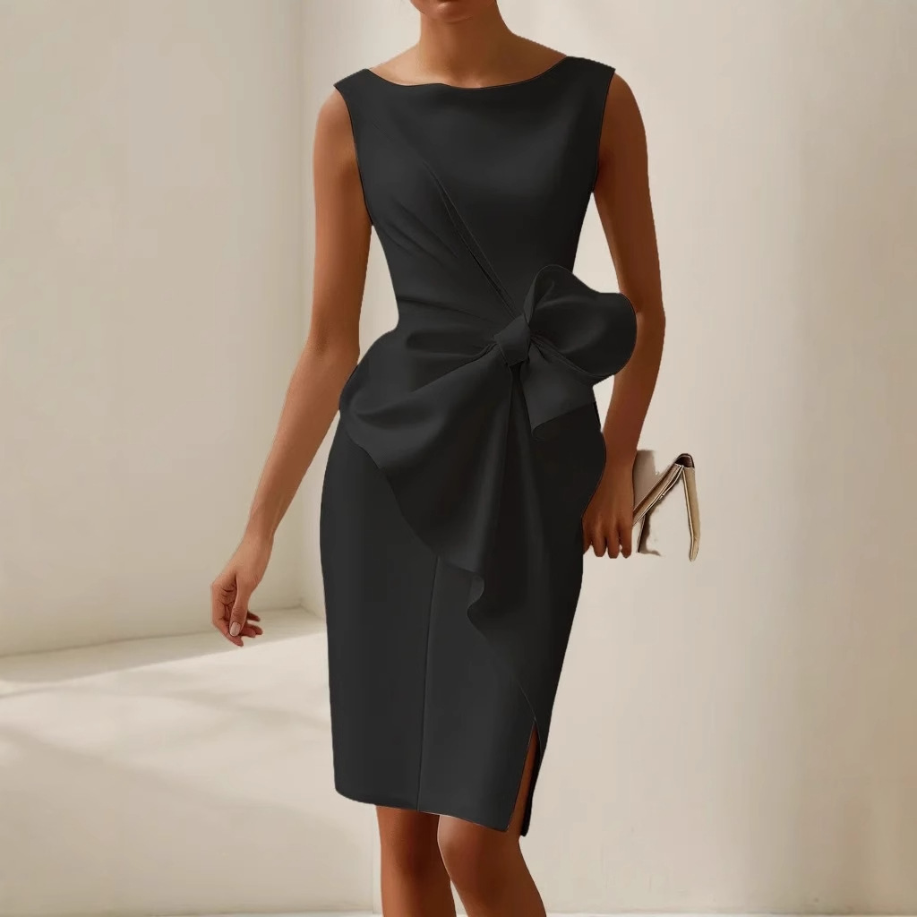 Women's Elegant Sleeveless Bow Bodycon Dress Solid Color Ruched Oversized Bow Wrap Dress Round Neck Slim Tunic Dress Business Cocktail Formal Dress Classy Club Dresses