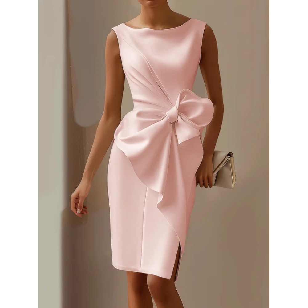 Women's Elegant Sleeveless Bow Bodycon Dress Solid Color Ruched Oversized Bow Wrap Dress Round Neck Slim Tunic Dress Business Cocktail Formal Dress Classy Club Dresses