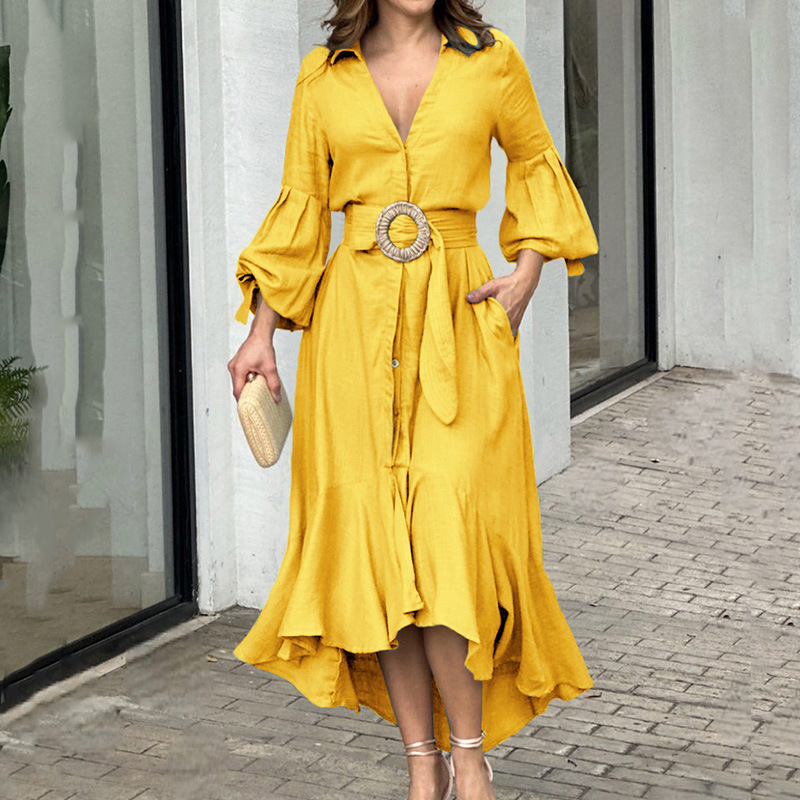 Fashion Casual Full Sleeve with Micro-Flared Cuffs Lapel Pockets Belt & Front Button Long Dress