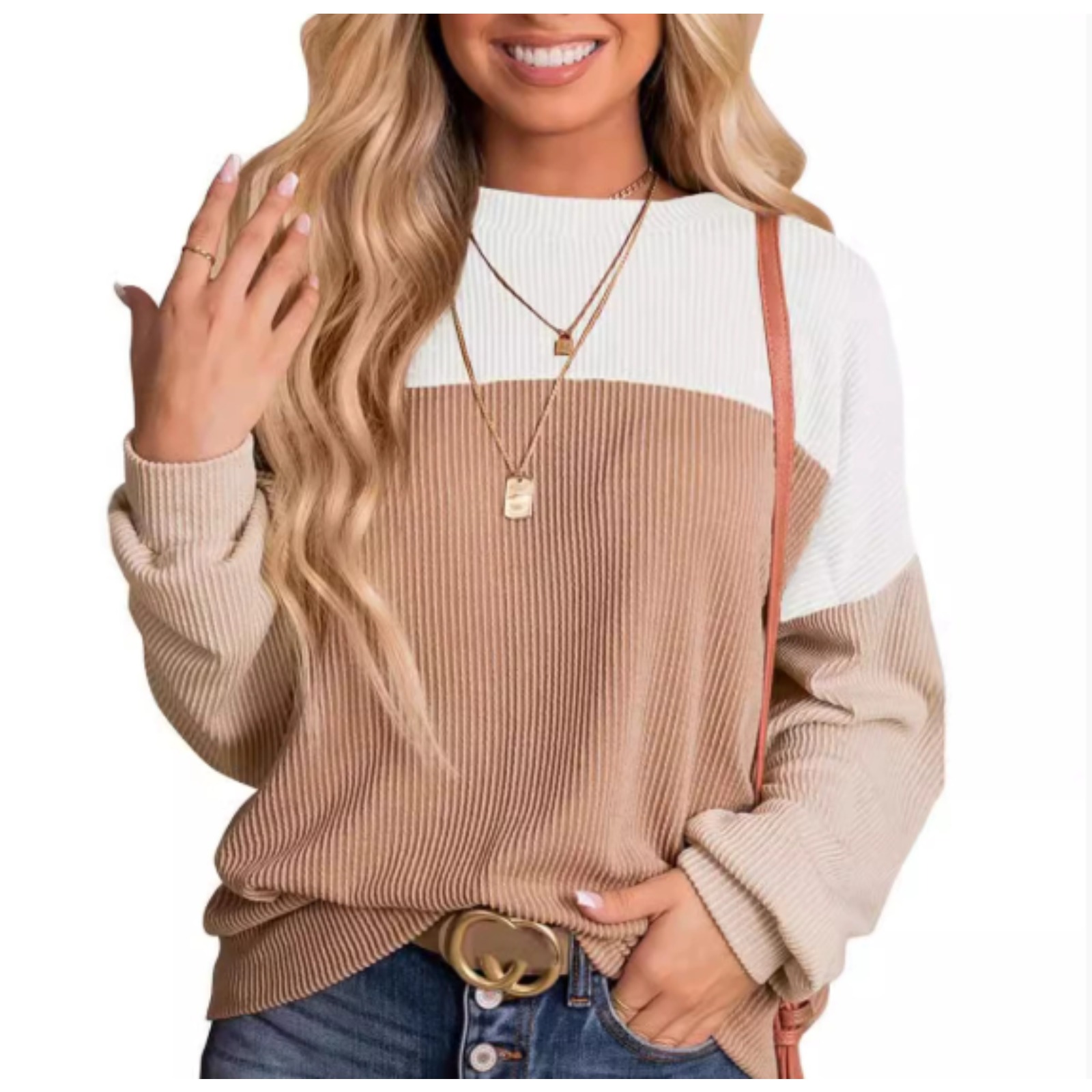 Women's color matching casual loose sweater pullover shirt round neck sweater