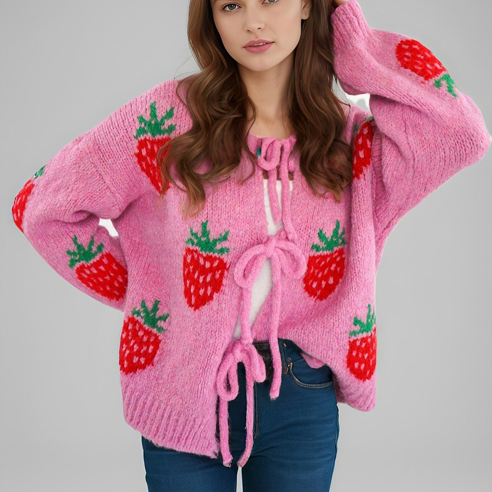 爱心刺绣圆领秋冬毛衣绑带开衫上衣针织衫外套女