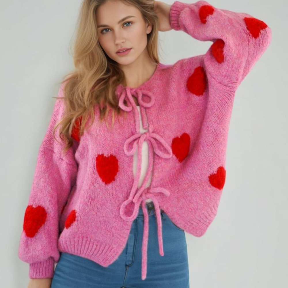 Heart Embroidery Round Neck Autumn Winter Sweater Tie Front Cardigan Top Women's Knit Coat
