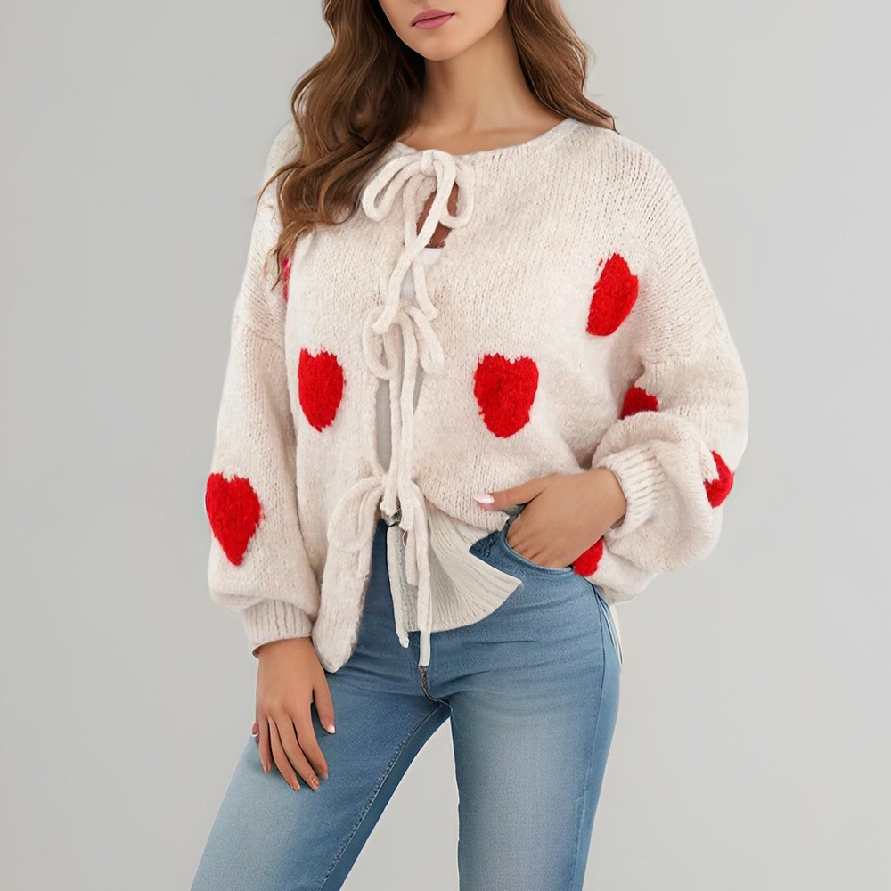 Heart Embroidery Round Neck Autumn Winter Sweater Tie Front Cardigan Top Women's Knit Coat
