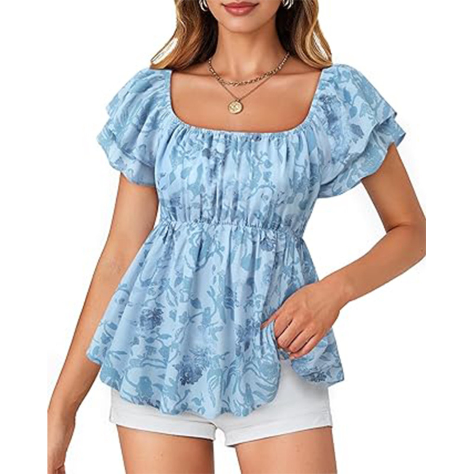 Women's pleated ruffled shirt square collar pleated short-sleeved shirt doll shirt