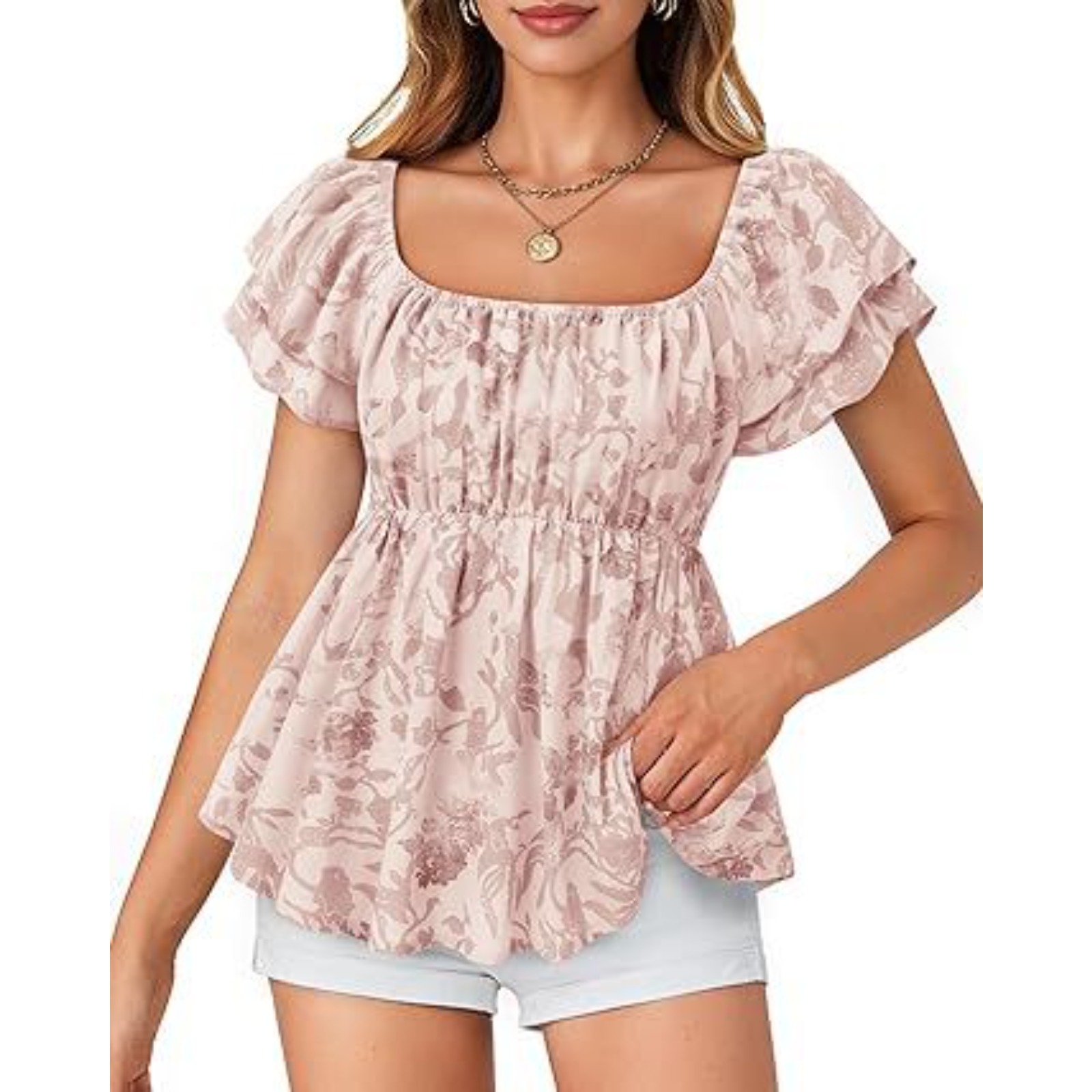 女式缩褶荷叶边上衣 方领褶皱短袖衬衫娃娃装衬衫