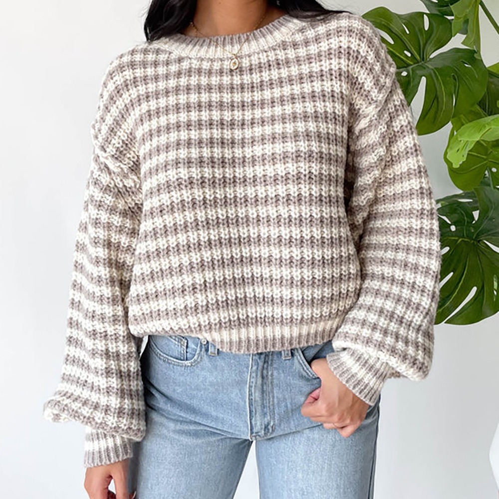 Autumn New Retro Stripe Knit Top Round Neck Long Sleeve Loose Color Block Pullover Sweater for Women