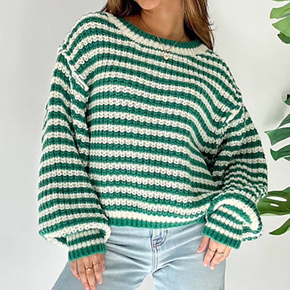 秋季新款复古条纹针织上衣圆领长袖外穿宽松撞色套头衫毛衣女