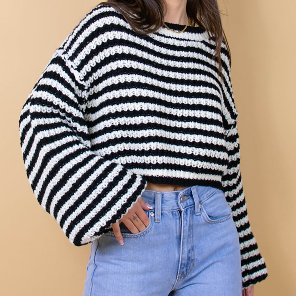 Autumn New Retro Stripe Knit Top Round Neck Long Sleeve Loose Color Block Pullover Sweater for Women