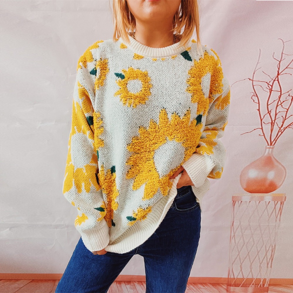 Autumn New Top Sunflower Embroidery Round Neck Long Sleeve Knit Pullover Sweater for Women