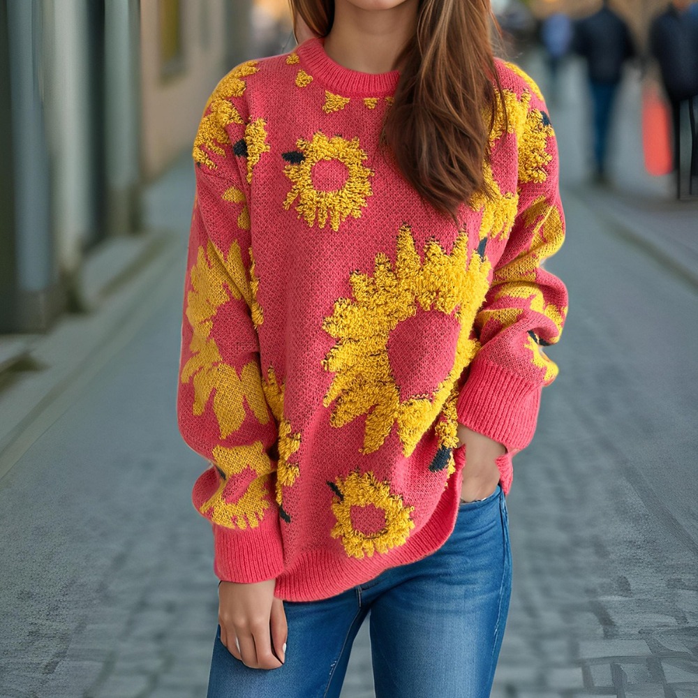 Autumn New Top Sunflower Embroidery Round Neck Long Sleeve Knit Pullover Sweater for Women