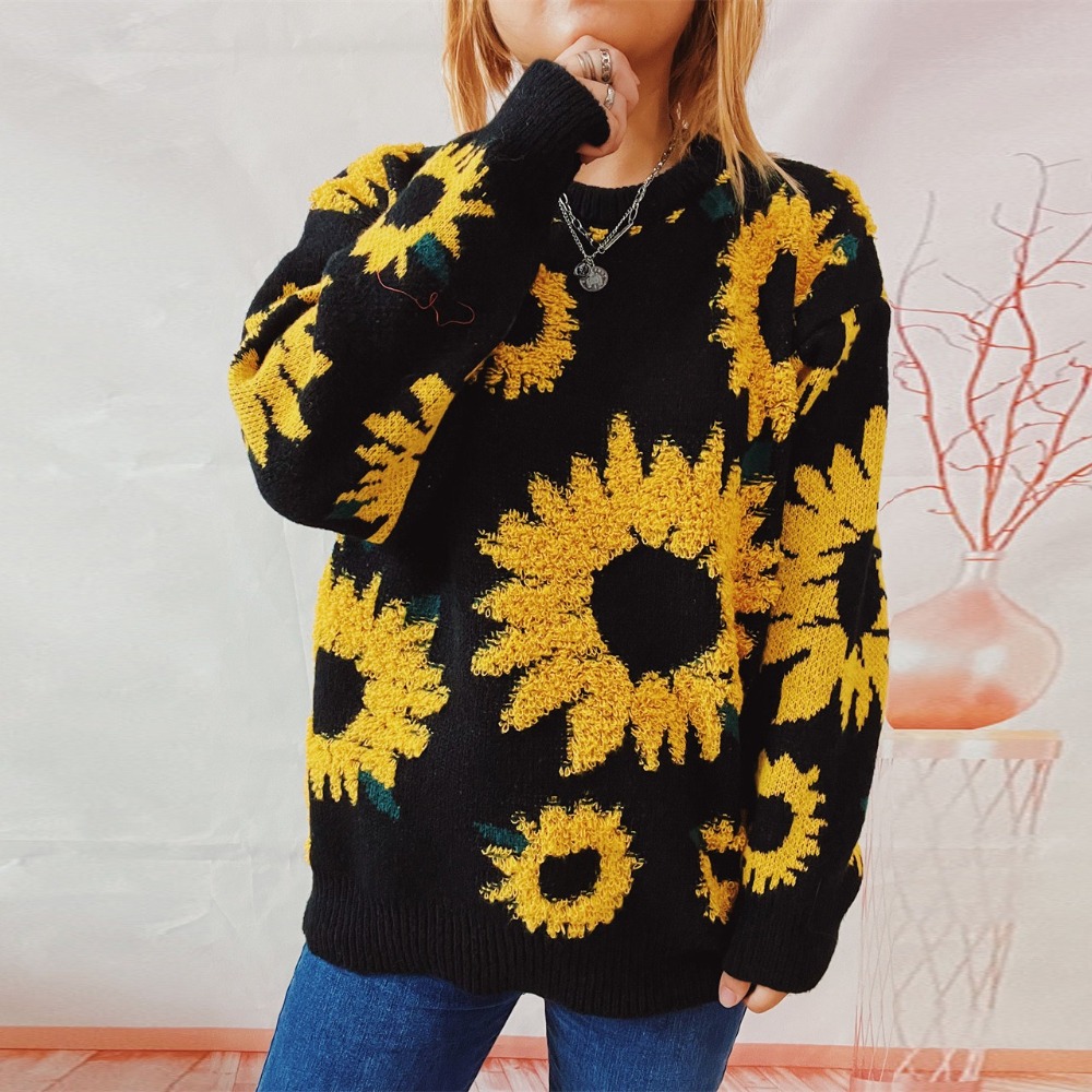Autumn New Top Sunflower Embroidery Round Neck Long Sleeve Knit Pullover Sweater for Women
