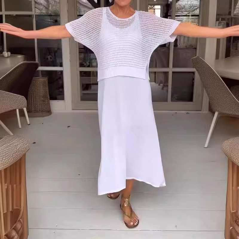 New Knit Dress Set Casual Solid Color Round Neck Knit Cardigan & Camisole Dress Set