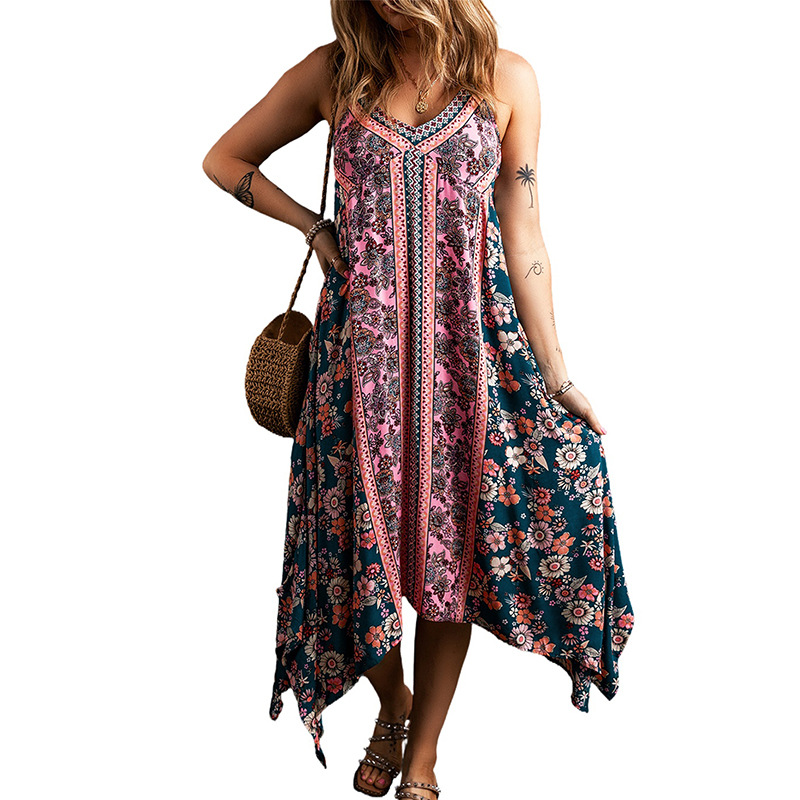 Spring Summer New V Neck Dress Women's Bohemian Print Loose Camisole Dress