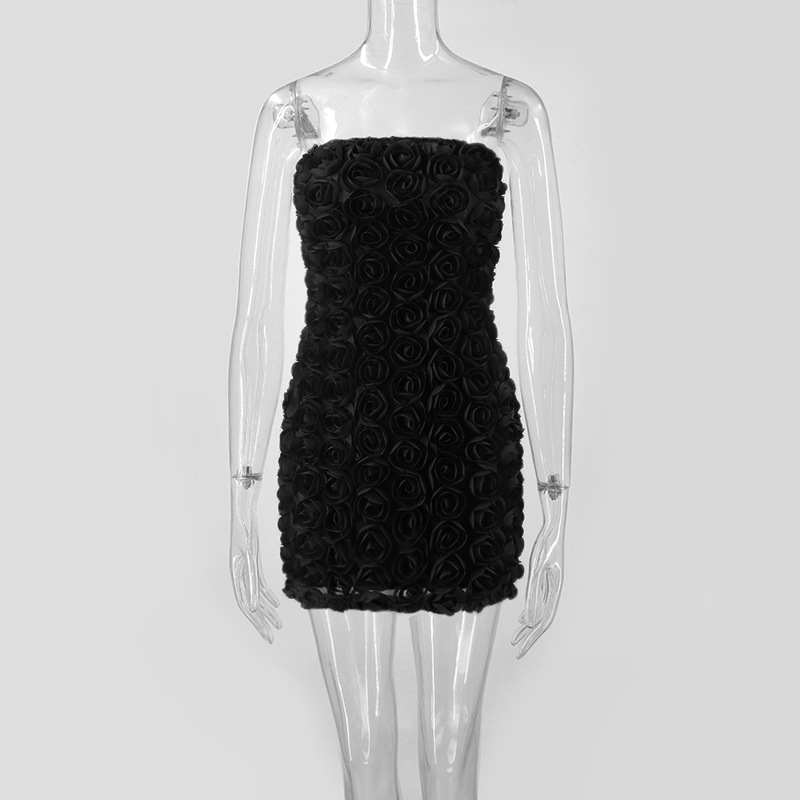 欧美风2025新款女装时尚性感辣妹纯欲百搭立体花朵抹胸包臀连衣裙