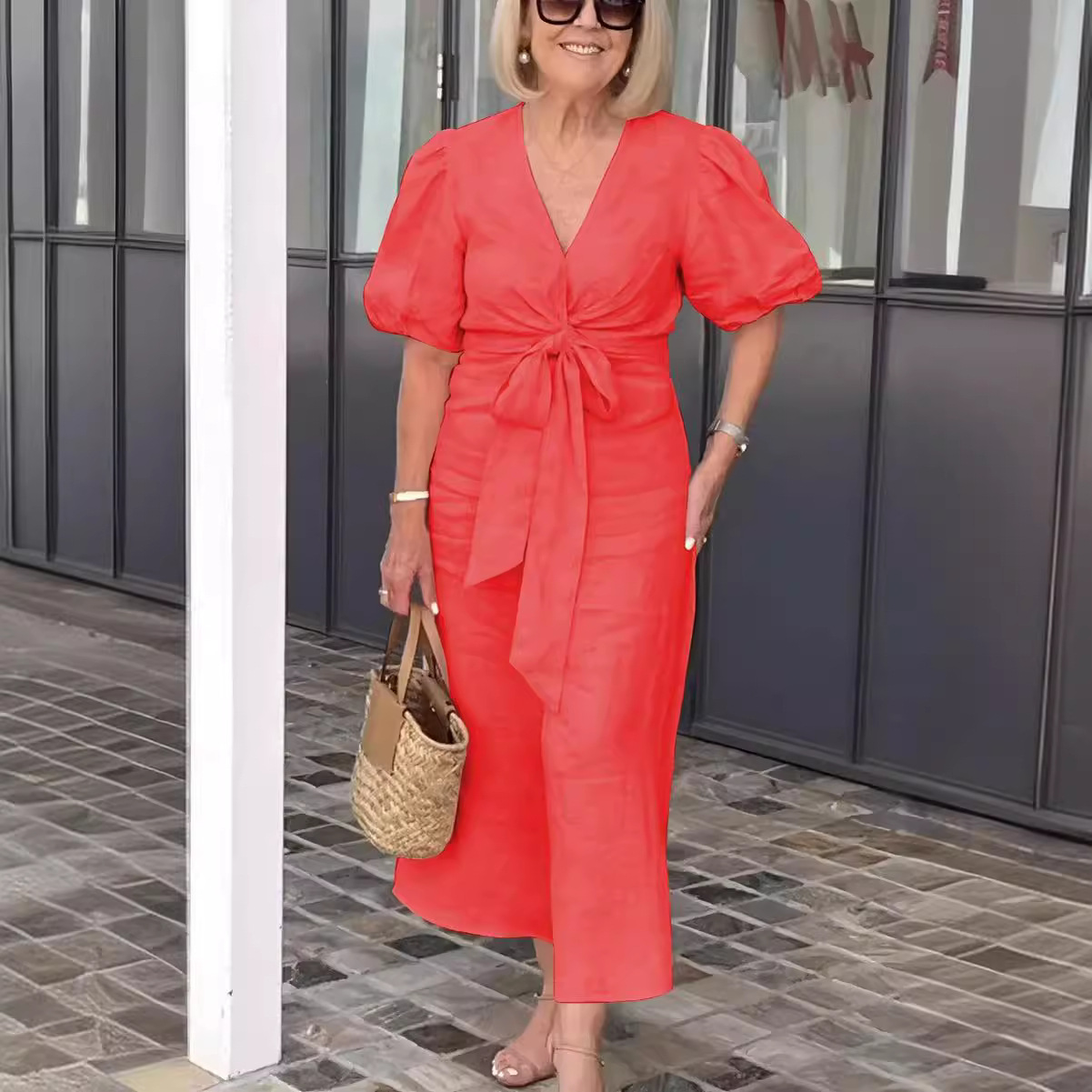 女装夏季新款V领系带泡泡袖纯色棉质腰系带连衣裙复古