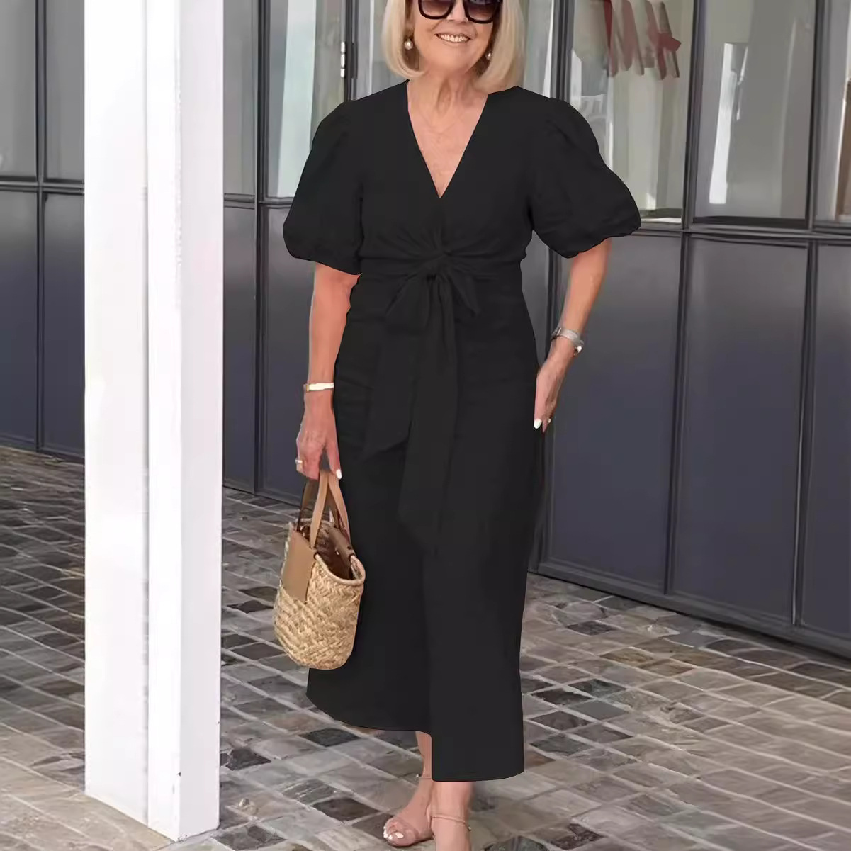 女装夏季新款V领系带泡泡袖纯色棉质腰系带连衣裙复古