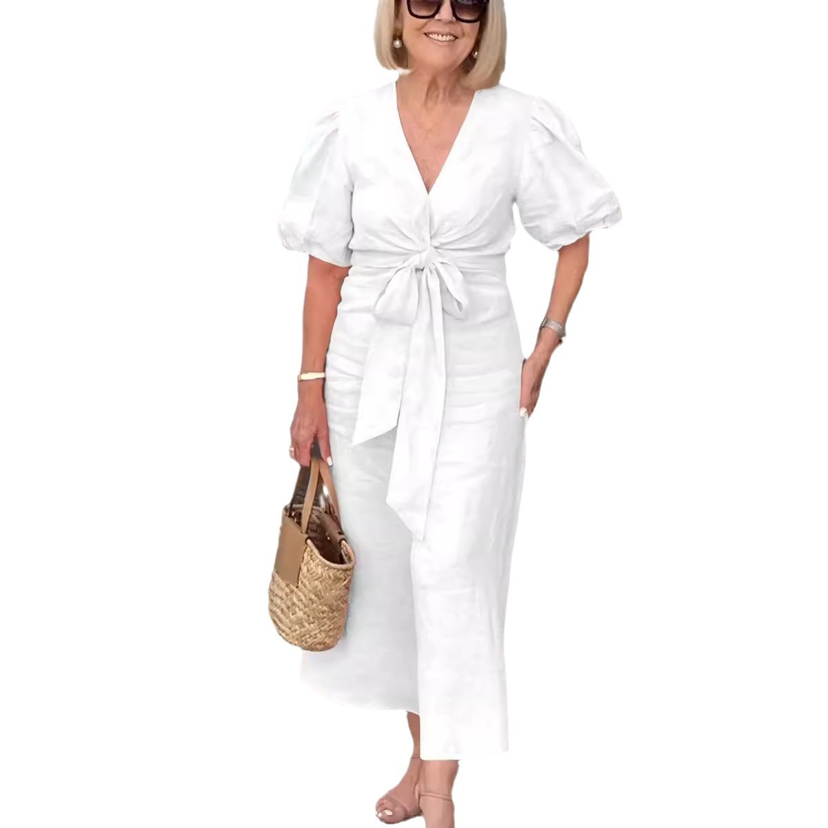 女装夏季新款V领系带泡泡袖纯色棉质腰系带连衣裙复古