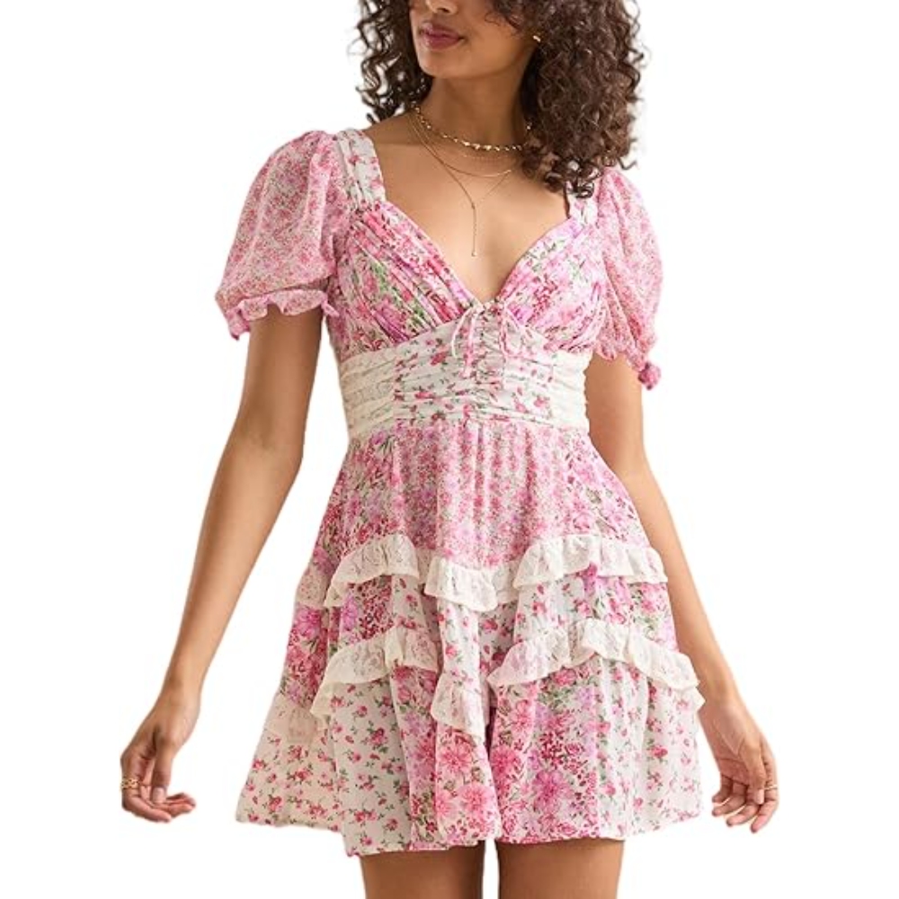  Women's Vintage Boho Floral Patchwork Short Dress V-Neck Puff Sleeve Slim Mini A-line Dress with Lace Trim Trendy Cottagecore Y2k Layered Ruffle Flowy Babydoll Dress Tiered Beach Cute Sundress 
