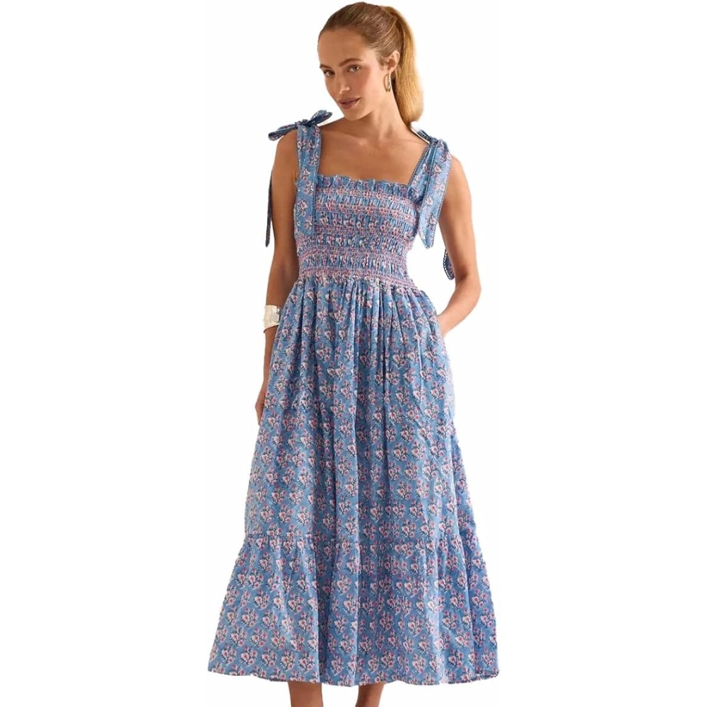 Women's Summer Boho Floral Dress Square Neck Tie Strap Smocked Waist Maxi Dress Sleeveless Spaghetti Strap Flowy Ruffle Swing A Line Sundress for Beach Vacation Club Party