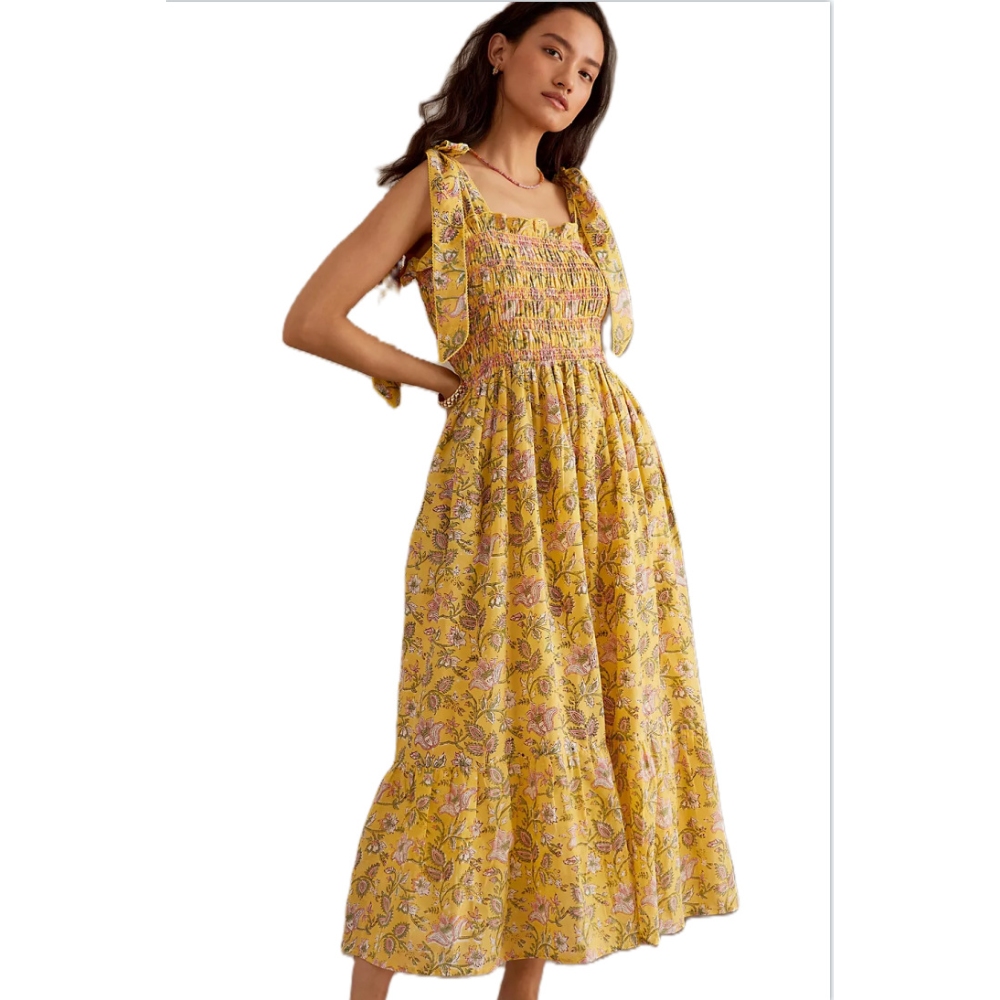 Women's Summer Boho Floral Dress Square Neck Tie Strap Smocked Waist Maxi Dress Sleeveless Spaghetti Strap Flowy Ruffle Swing A Line Sundress for Beach Vacation Club Party