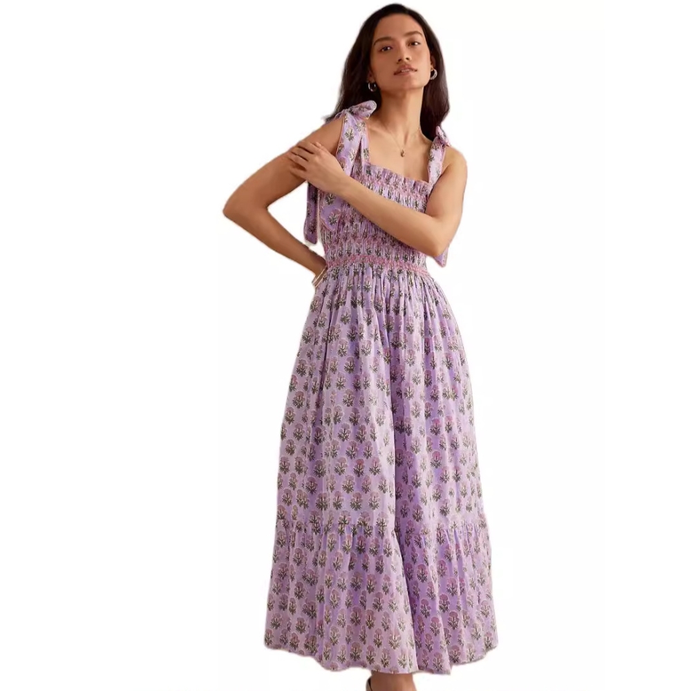 2024新款夏季修身吊带长裙 欧美风时尚印花挂脖花边连衣裙