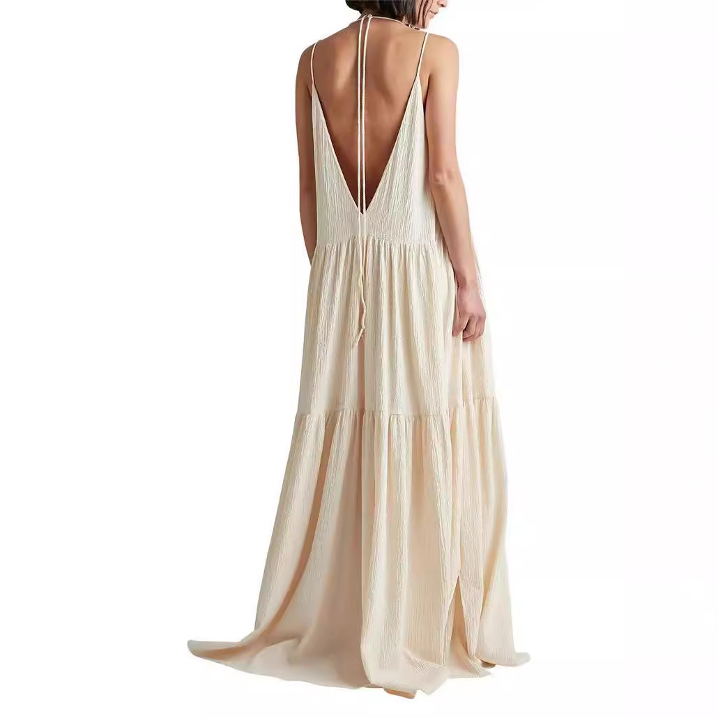 2024亚马逊跨境夏季欧女装宽松纯色褶皱不规则连衣裙沙滩吊带长裙