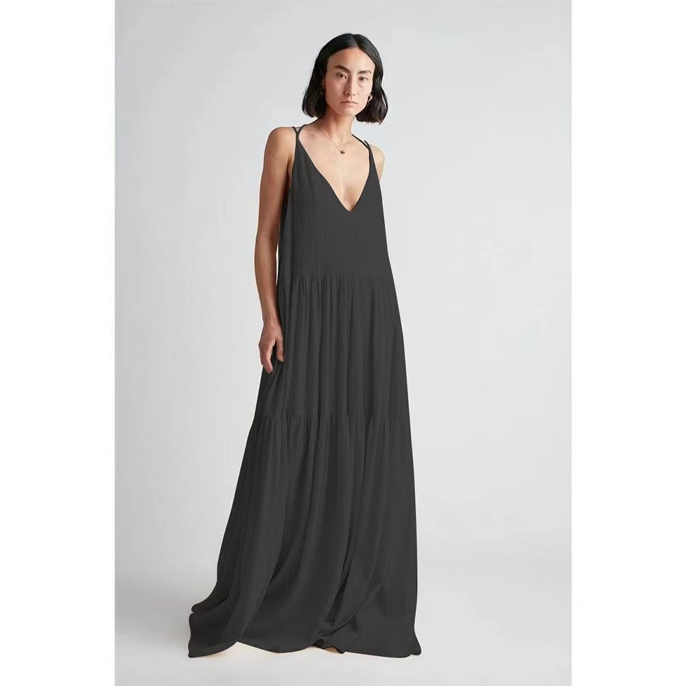 2024亚马逊跨境夏季欧女装宽松纯色褶皱不规则连衣裙沙滩吊带长裙