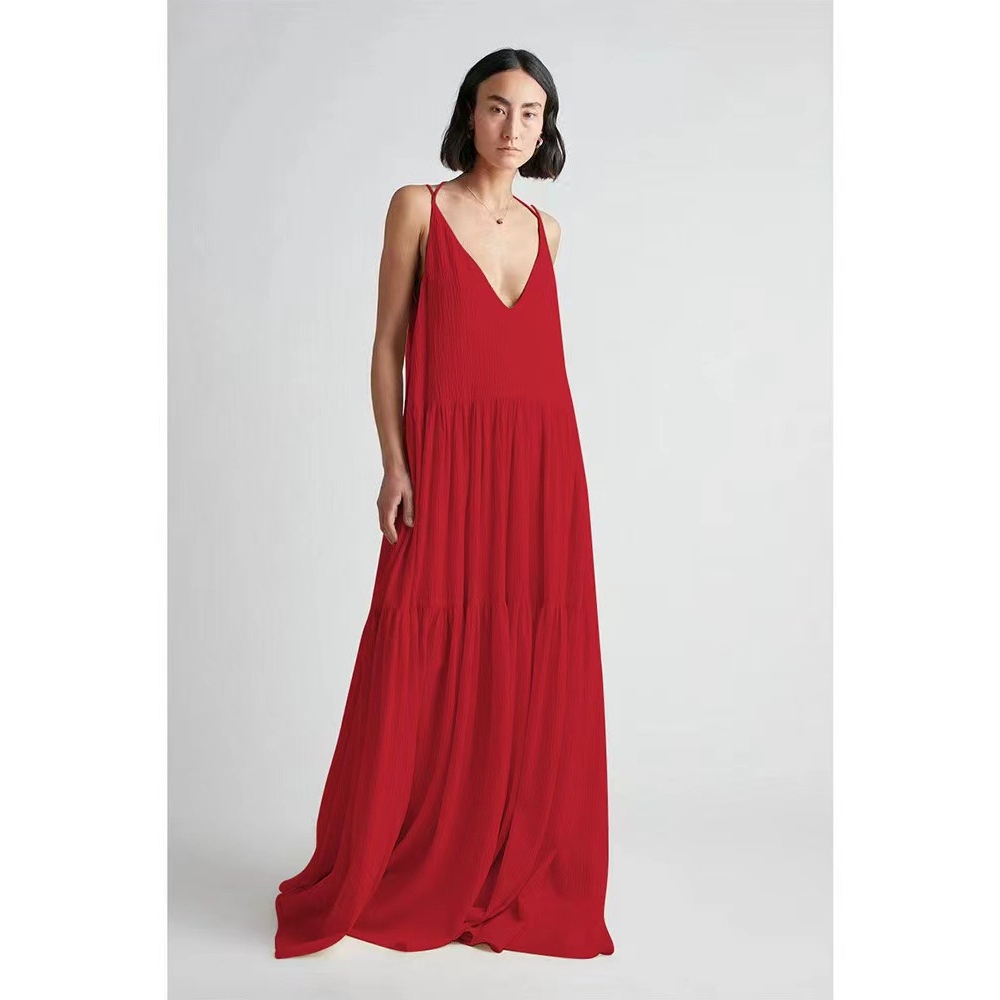 2024亚马逊跨境夏季欧女装宽松纯色褶皱不规则连衣裙沙滩吊带长裙