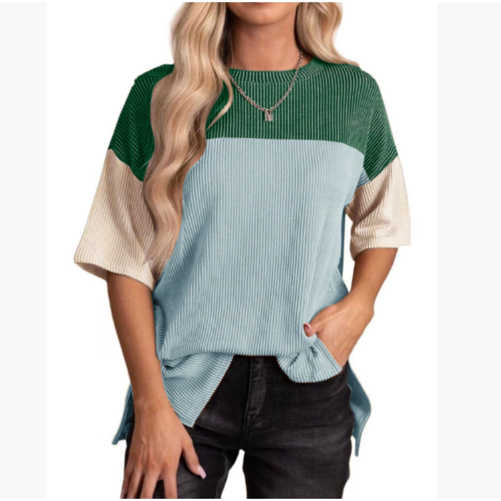 女装圆领衬衫时尚百搭休闲气质三拼色上衣T恤