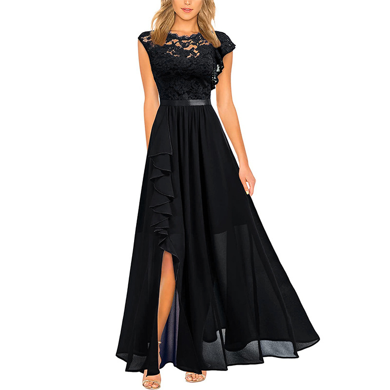 Women's Elegant Retro Lace Chiffon Ruffle Evening Maxi Dress High Slit Banquet Gown Formal Floral Lace Party Maxi Dress Chiffon Evening Dress Prom Cocktail Party Formal Bridesmaid Dress